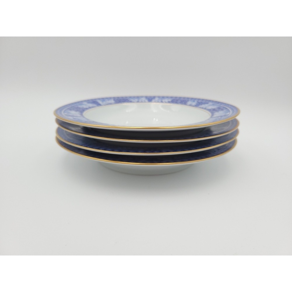 Set Of 4 Block China Spal Obidos Blue Floral Gold Trim Shallow Soup Bowls - Picture 2 of 9